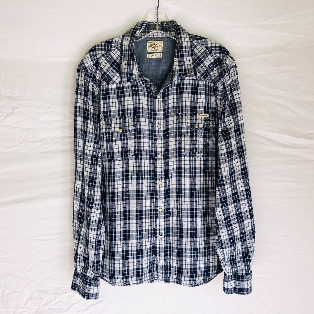 Lucky Brand Men's Size Large Blue Plaid Pearl Snap Western Shirt